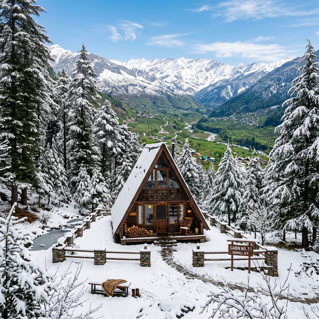 Himachal wooden cabins surrounded by snowy pines